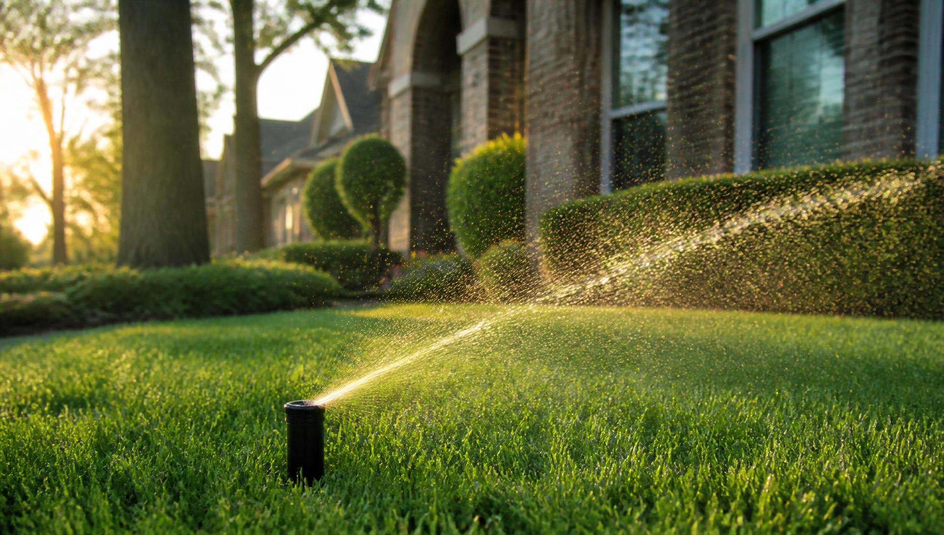 Sprinkler head watering a green San Antonio lawn at sunset