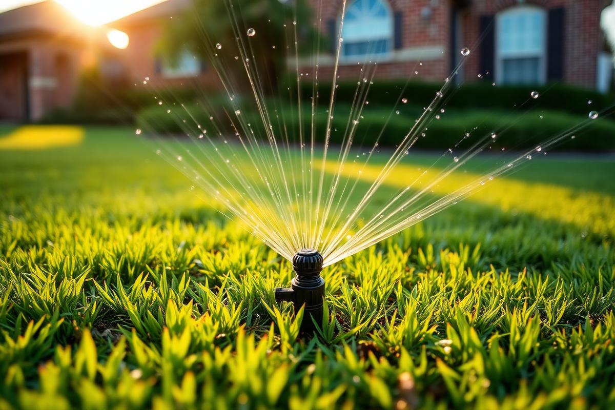 Rotor sprinkler head watering a St. Augustine lawn in Leon Valley, TX (Bexar County)
