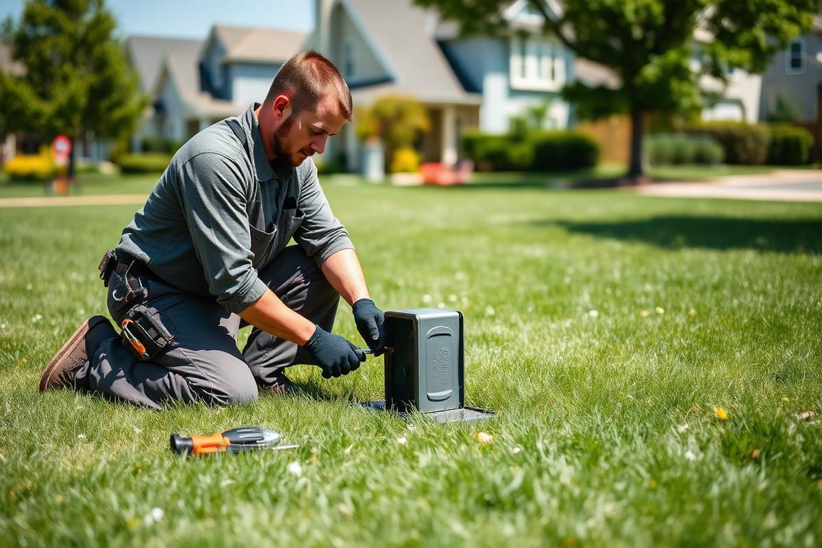 Technician testing an irrigation valve box at a Bulverde, TX home in Comal County